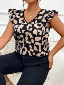 SHEIN Frenchy Plus Size Vacation Women Fashionable Leopard Print Batwing Summer Boho Blouse - Khaki - View 5