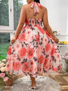 SHEIN LUNE 大码波西米亚风女式夏季花卉印花长款优雅挂脖系带度假连衣裙