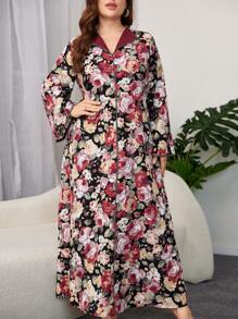 Al Najma 加大码优雅阿拉伯花卉印花长袖端庄连衣裙，卡夫坦 - 彩色 - 查看 1