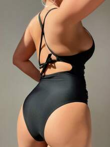 SHEIN Swim Đồ bơi liền thân hở lưng màu trơn cho nữ, hoàn hảo cho kỳ nghỉ hè trên bãi biển - màu đen - Xem 2