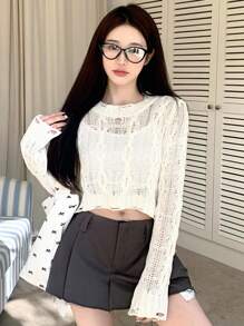 DAZY Women's Solid Color Round Neck Casual Daily Long Sleeve Sweater Summer Sheer,Fall Women Clothes