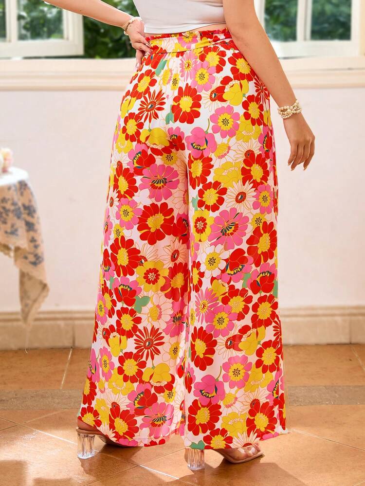 Plus Size Women White Solid Color Tank Top And High Slit Red Floral Beach Vacation Style Wide Leg Pants Set With Waist Tie Bowknot, Summer Two Pieces Casual Outfits