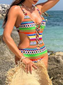Swim Vcay Women's Summer Beach Striped Geometric Print Cut-Out Halterneck One-Piece Swimsuit