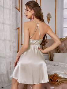 Côtesoire 蕾丝边缎面 V 领女士睡衣睡裙，带可调节肩带 - 香檳色 - 查看 2