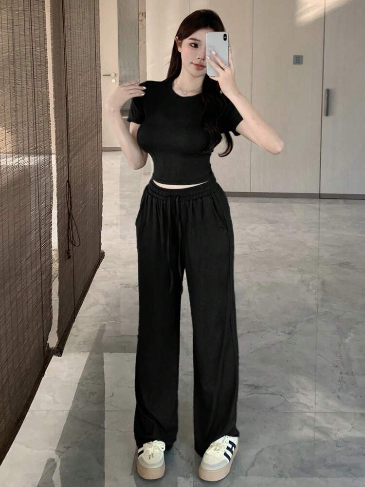 Women's Fashionable Simple Daily Short Sleeve Top And Long Pants 2pcs/Set Outfits Summer Lounge Sets For Women