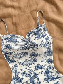 Soleia Women White Ground Blue Flower Print Beach Mini Dress With Open Neckline, Suitable For Tea Party & Graduation Season - Blue and White - View 3