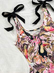 Soleia WYWH Women's Resort Beach Casual Plant & Bird Printed Shoulder Strap Tie-Front Bodysuit