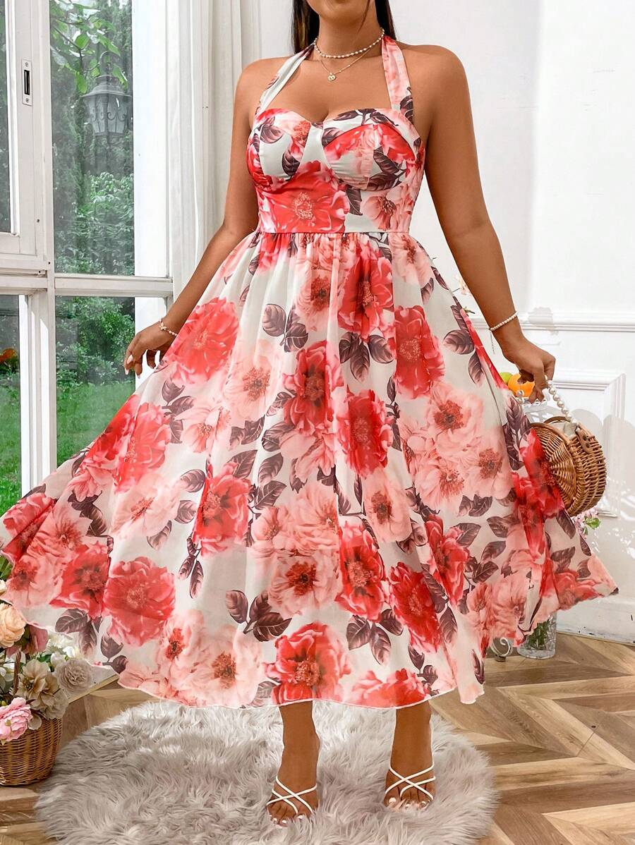 SHEIN LUNE 大码波西米亚风女式夏季花卉印花长款优雅挂脖系带度假连衣裙