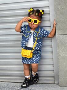 SHEIN Wildeya 3pcs Baby Girls' Denim Top, Short-Sleeve T-Shirt And Skirt Set With Color-Blocking And Full Print Pattern, Fashionable