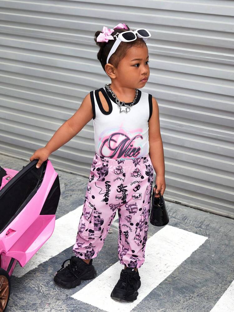 Baby Girls' Summer New Street Fashion Spliced Ribbed Open Shoulder Sleeveless Tank Top, Digital Printed And Woven Pink Casual Pants, 2pcs Outfit