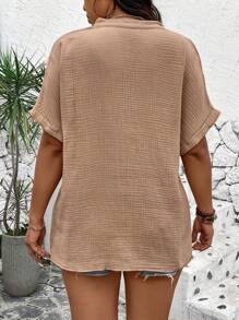 SHEIN LUNE Plus Size Cho Nữ Màu Trơn Đỉnh Chữ V Rời Tay Cánh Dơi Ngắn Tay Áo Sơ Mi Thường Ngày Cho Mùa Hè - Lạc đà - Xem 2