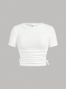 SHEIN Leap Crew Teen Girl Knitted Plain T-Shirt With Ruffled Bow Design, Pack Of 3 - Mint Green - View 5