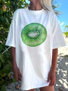 SHEIN EZwear Oversized White Round Neck Short Sleeve Casual Graphic Kiwi Fruit T-Shirt For Women, Pullover Cotton Top, Suitable For Summer - White - View 1