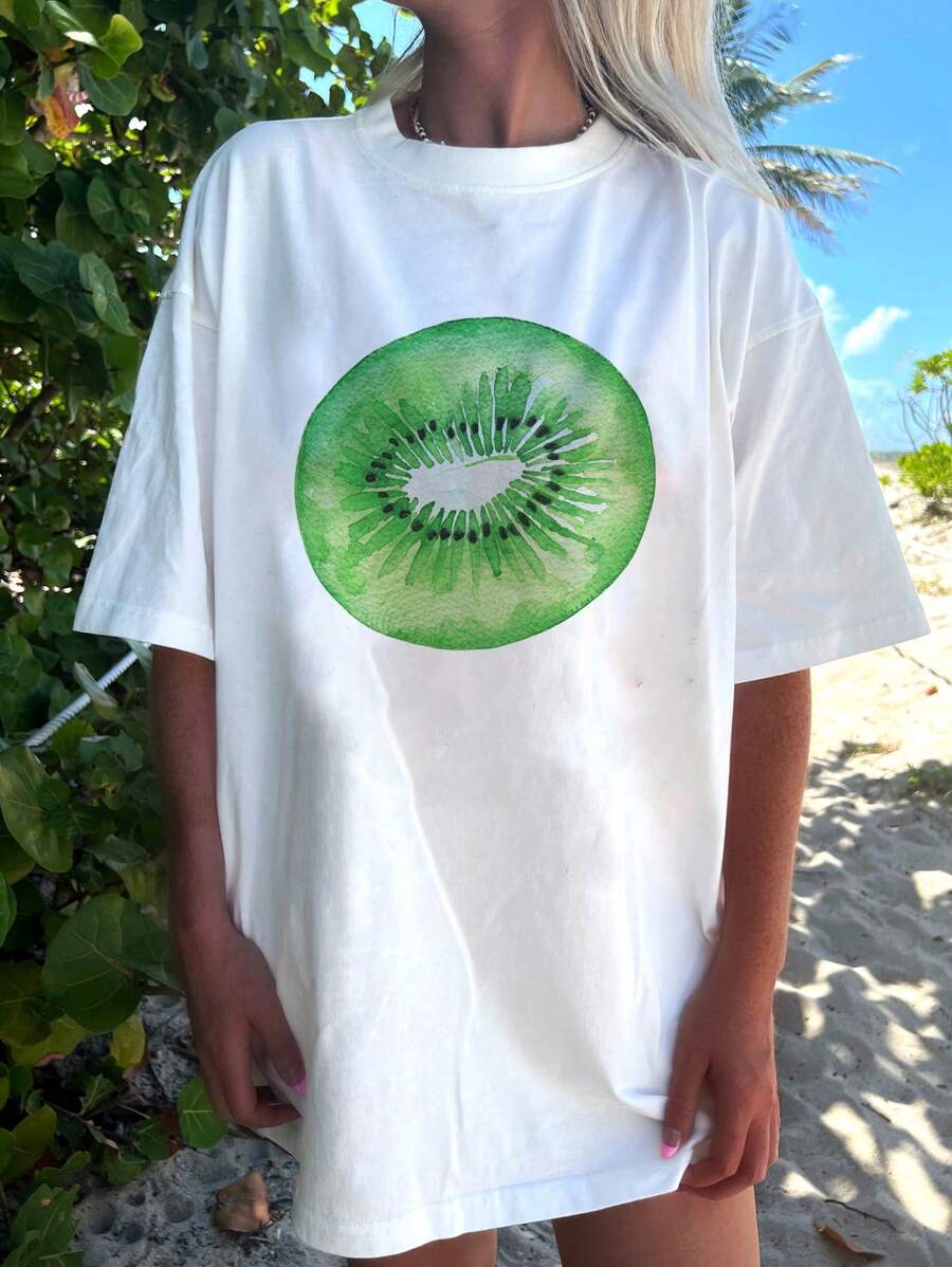 SHEIN EZwear Oversized White Round Neck Short Sleeve Casual Graphic Kiwi Fruit T-Shirt For Women, Pullover Cotton Top, Suitable For Summer - White - View 1