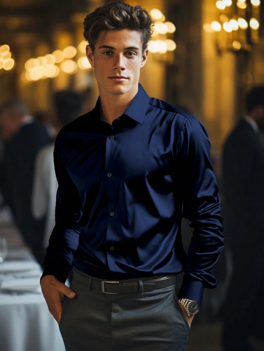 Men's Satin Fabric Long Sleeve Dress Shirt, For Fall