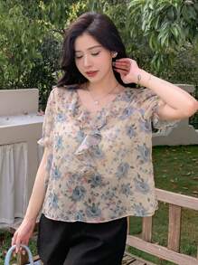 Dazy Designer 女士优雅短袖衬衫，蘑菇蕾丝边，泡泡袖，花卉图案，夏季，荷叶边，返校服