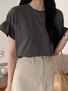 DAZY Camiseta de cuello redondo casual de mujer para el verano en unicolor con dobladillo de volantes y ajuste holgado