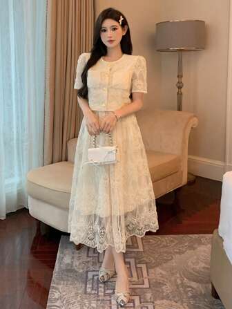 DAZY 春夏女士优雅派对蕾丝随意剪裁连衣裙舞会礼服太阳裙