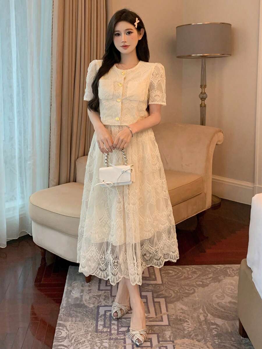 DAZY 春夏女士优雅派对蕾丝随意剪裁连衣裙舞会礼服太阳裙 - 米色 - 查看 1