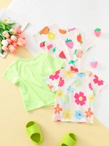 Baby Girl 3pcs Casual And Cute Flower & Fruit Pattern Tops Suitable For Home And Outing In Spring And Summer - Multicolor - View 2