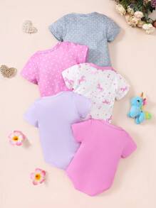 SHEIN Playful Pals 5入組新生兒女寶寶夏季可愛圖案連身衣套裝 - 玫紅色 - 查看 2