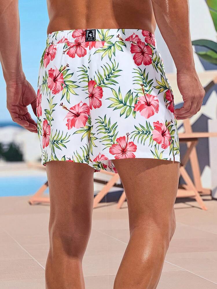 Men's Floral Printed Drawstring Beach Shorts, Vacation