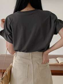 DAZY Camiseta de cuello redondo casual de mujer para el verano en unicolor con dobladillo de volantes y ajuste holgado