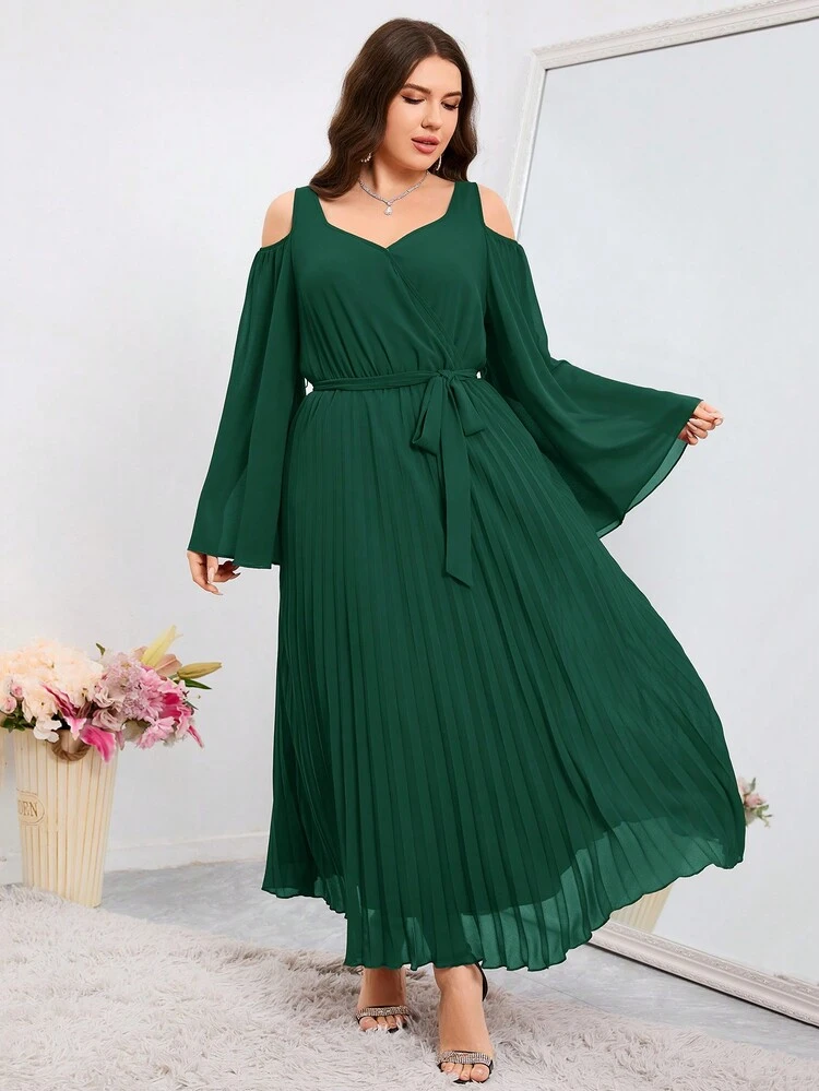 Plus Size Women's Fashion Solid Color Long Pleated Open Shoulder Dress Long Evening Dresses