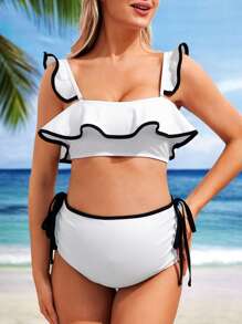 SHEIN Maternity Contrast Binding Ruffle Trim Bikini Set, Summer Beach - Black and White - View 1