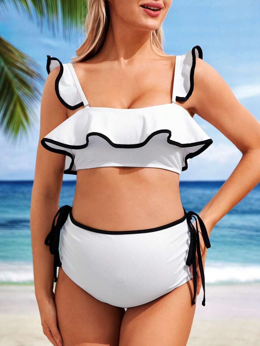 SHEIN Maternity Contrast Binding Ruffle Trim Bikini Set, Summer Beach - Black and White - View 1