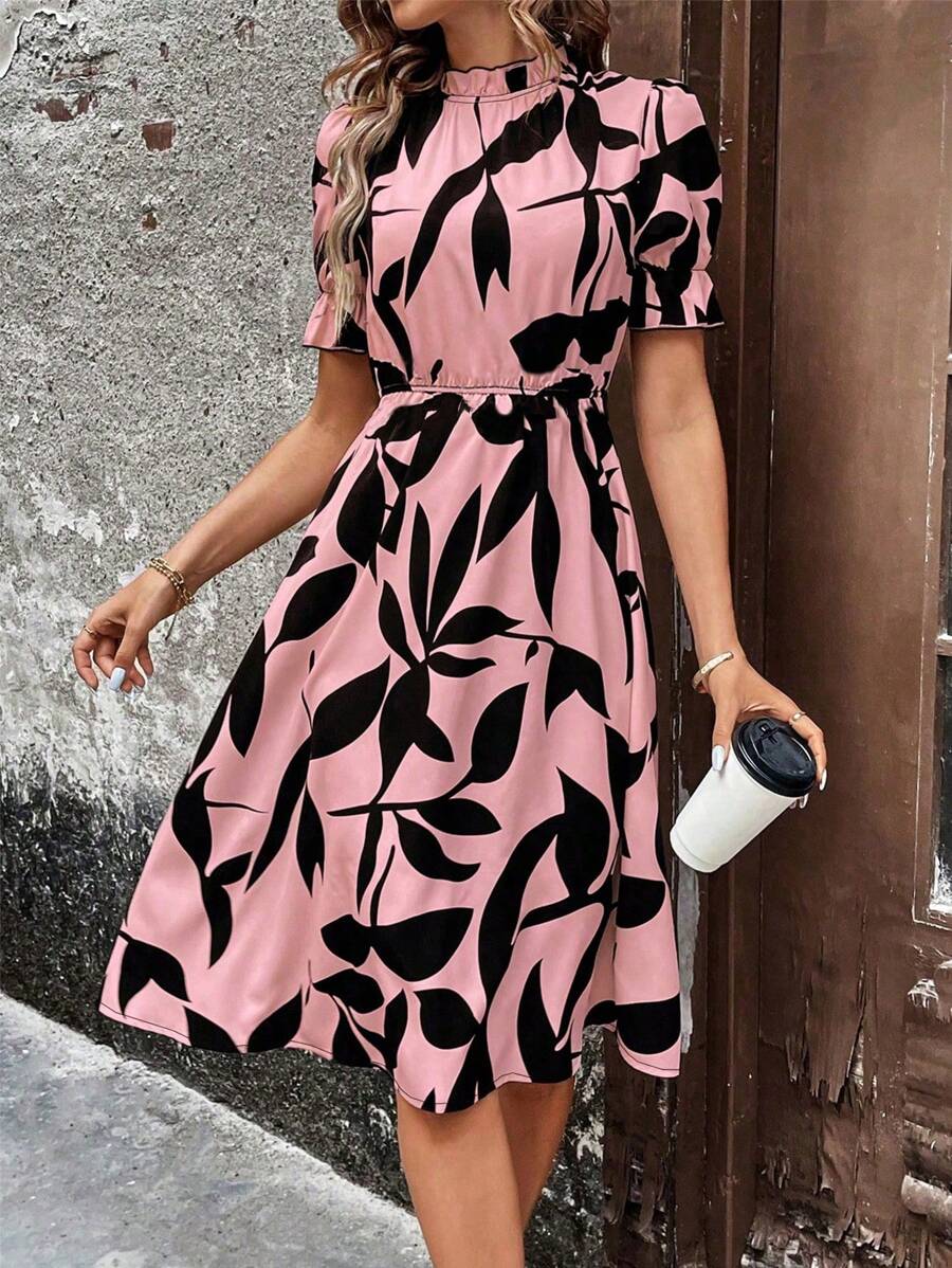 EMERY ROSE 女式热带印花泡泡袖立领连衣裙 长款女装 女式中长连衣裙 女士休闲连衣裙 女士复古连衣裙 女士休闲连衣裙 女士休闲连衣裙 - 粉色 - 查看 1