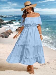 Breezaya 大码假日海滩纯色露肩流苏装饰长裙超长女装 - 藍色 - 查看 3