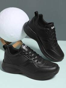 秋冬新款大码轻便皮革休闲鞋、女式跑步鞋、女式慢跑鞋、女式运动鞋、女式平底鞋、女式全黑工作鞋、男式鞋、中性旅行鞋、女式黑色鞋、女式黑色低帮休闲鞋、女式步行鞋、女式运动鞋 - 黑色 - 查看 7