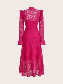 Anewsta 浪漫粉色网纱腰系带直角肩连衣裙 - 玫紅色 - 查看 5