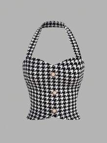 Firerie Ladies Summer Houndstooth Halter Top With Pearl Embellished Neckline - Multicolor - View 7