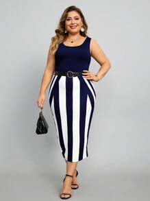 SHEIN Lady Plus Size Round Neck Sleeveless Printed Patchwork Casual Party Dress - Navy Blue - View 4