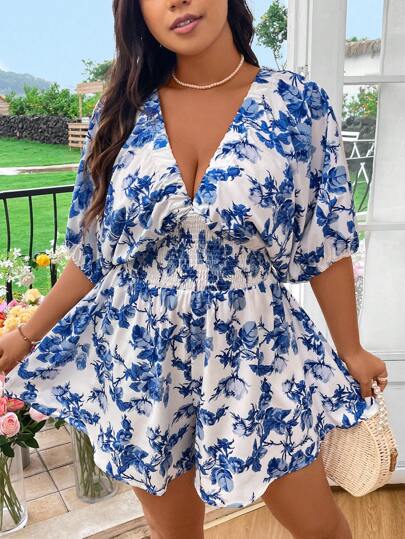 Lyrianda Plus Size Boho Deep V-Neck Floral Printed Romper, Summer Vacation Style