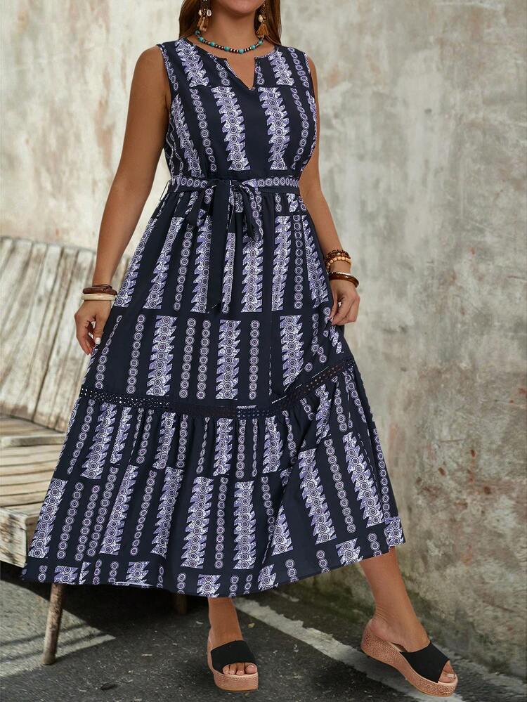 Plus Size Women's Fashionable Geometry Graphic Striped Printed Sleeveless V-Neck Long  Dress