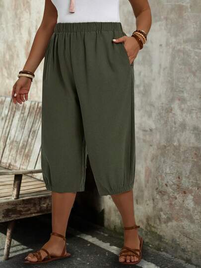 EMERY ROSE Plus Size Women's Olive Dab Simple DailyOlive Dab Linen Lounge Pants With Pockets