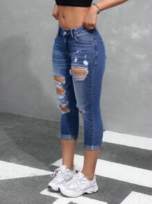SHEIN EZwear Quần jean nữ dáng ôm vừa vặn thường ngày có viền cuộn, chi tiết rách và đường cắt dài đến mắt cá chân - Màu xanh lam - Xem 4