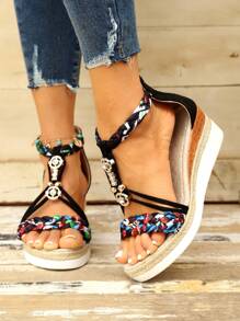 新款黑色女士羅馬涼鞋，背拉鍊設計，手工流蘇設計，楔型高跟和厚底，大尺碼 - 黑色 - 查看 3