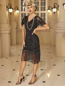 1 Stück Elegantes Damen Vintage Stil Kleid mit Quasten-Dekor, langes Formelles Kleid für Cocktail, Halb-Formell, Abschlussball, Hochzeitsgast, geeignet für Geburtstag, Abschluss, Dinner, Heimkehrfeier