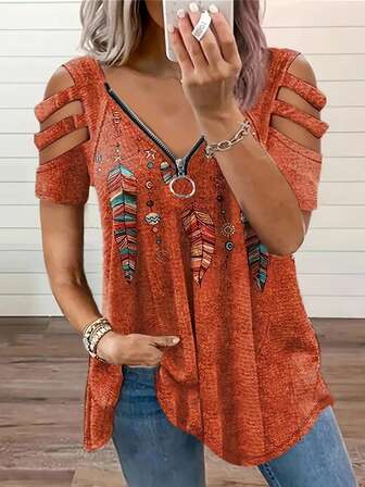 Women's Fashionable, Comfortable, Elegant Printed Short Sleeved T-Shirt, Summer Casual Zipper T-Shirt, Women's Clothing