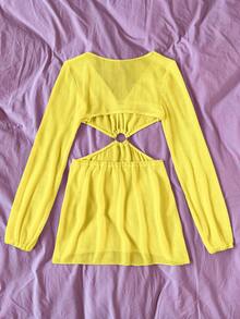 SHEIN Swim 女式時尚長袖露腰罩衣 - 黃色 - 查看 5