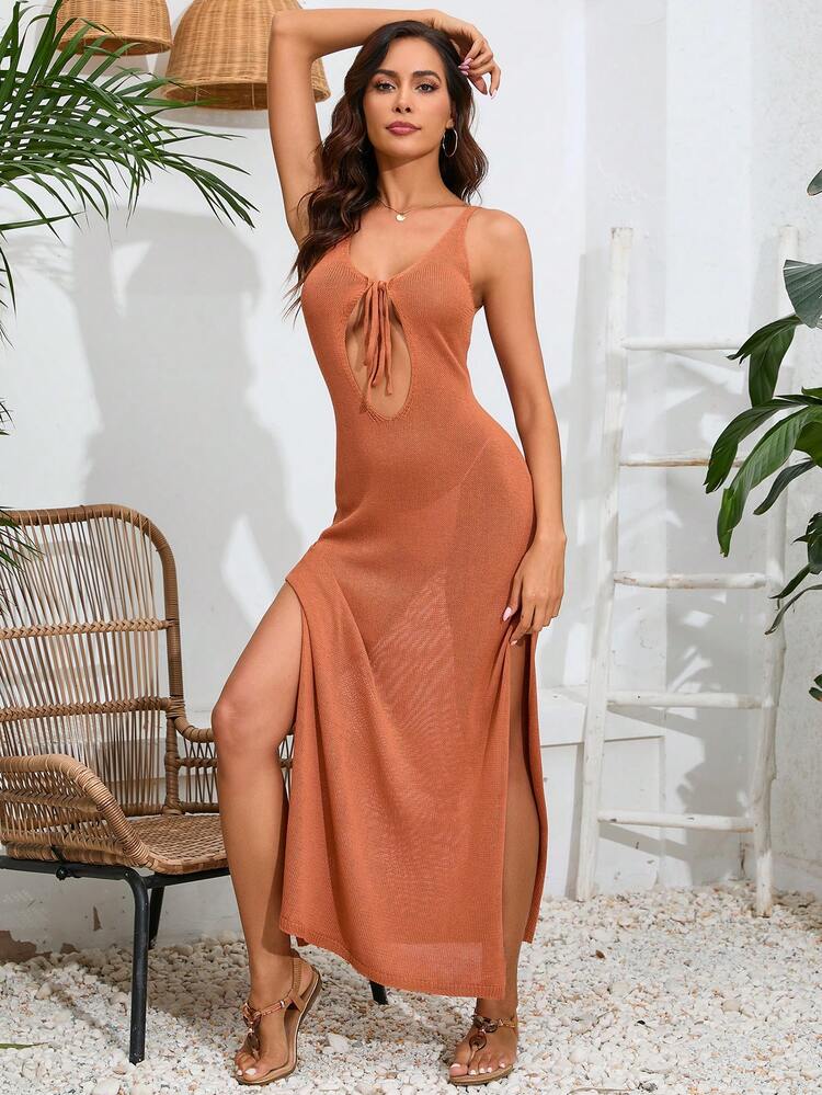 Ladies Solid Color Hollow Out Side Slit Beach Cover-Up Dress For Vacation Summer
