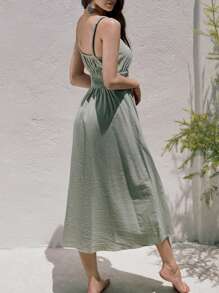 SHEIN Frenchy 女士夏季純棉實色高腰側開叉肩帶裙，100％棉沙灘長裙，長款沙灘裙，棉質女裝洋裝，夏季中長款洋裝，綠色洋裝 - 綠色 - 查看 4