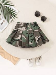 SHEIN Playful Pals 寶寶女孩休閒迷彩花紋百褶裙-適合春夏街頭時裝，日常穿著和戶外活動 - 軍綠色 - 查看 2