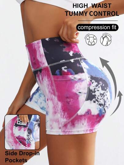 Core Rhythm Tie-Dye Wide Waist Slim-Fit Sports ShortsWomen Sweat Short, Gym Short, Biker Short