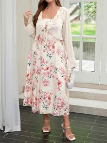 SHEIN Privé Summer Elegant And Romantic Pink Floral Printed Strappy Waist-Cinched Swing Dress + Solid Color Ruffled Edge Plus Size Women's Cardigan Two-Piece Set, Suitable For Dating, Traveling, Daily Wear, And Shopping - Baby Pink - View 5