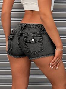 SHEIN ICON 女式水洗磨損細身牛仔短褲 - 深灰色 - 查看 2